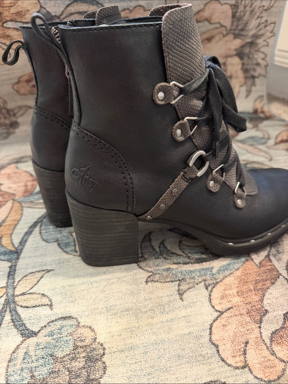 OTBT Black Lace-Up Combat Ankle Boots with Textured Panels - Picture 5 of 6